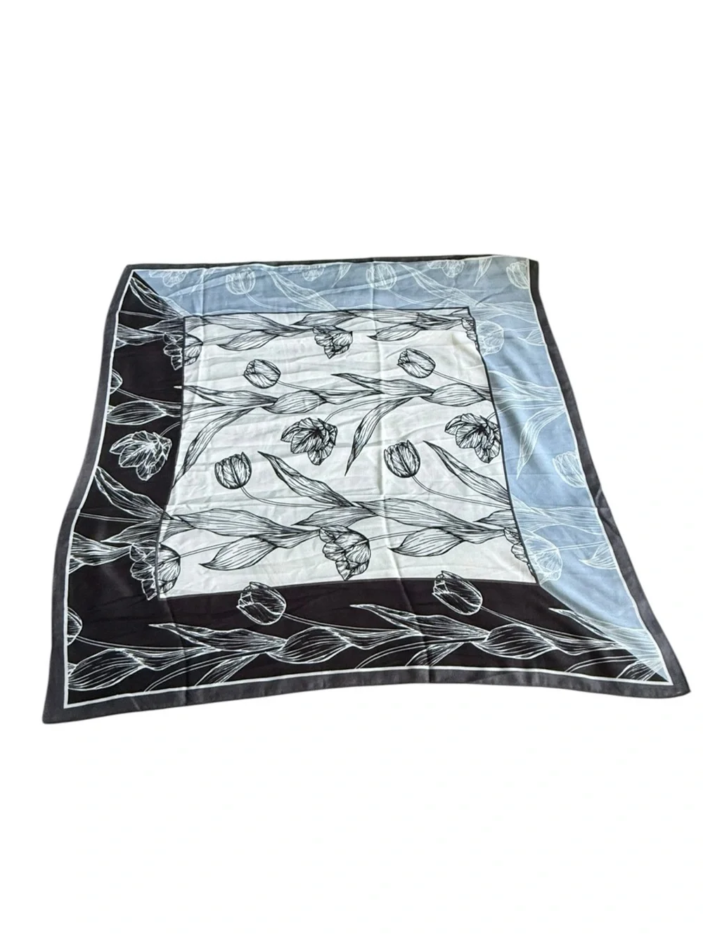 Elegant Black Light Blue & White Floral Scarf